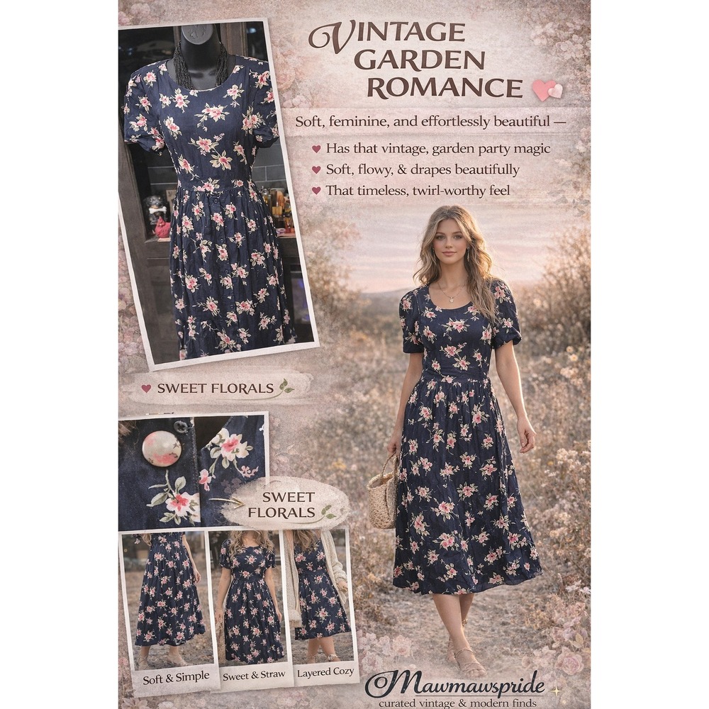 Vintage Floral Midi Dress Navy Pink Cottagecore Prairie Soft XL Worthington 80s